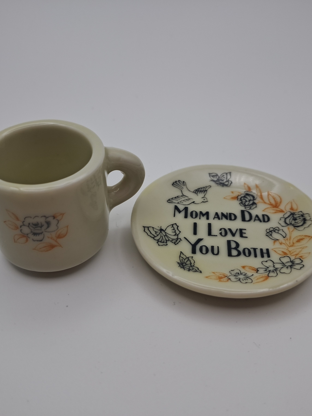 Vintage Miniature Teacup & Saucer Set - "Mom and Dad I Love You Both" - Fairway